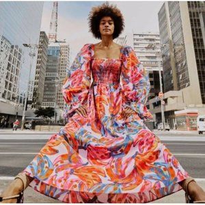 Farm Rio Colorful Bananas Puff Sleeve Maxi Dress